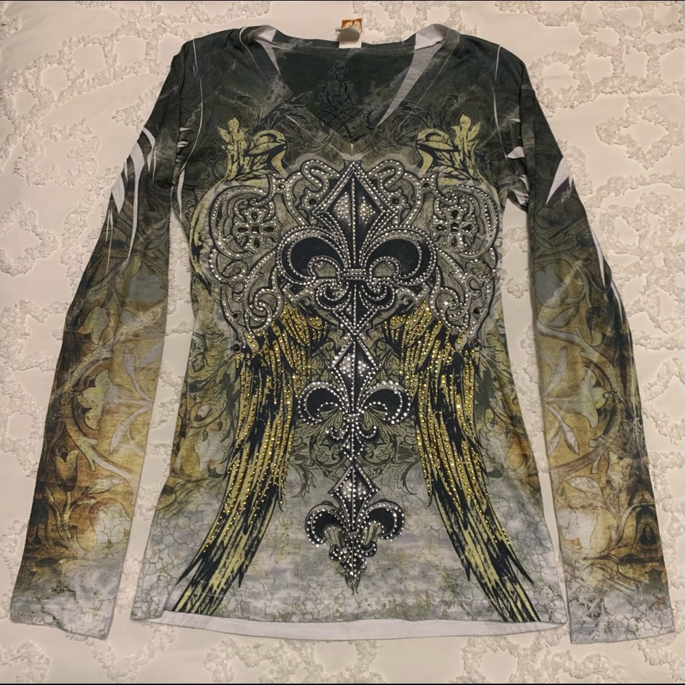 R. Rouge Rhinestone Fleur De Lis Tee- Small